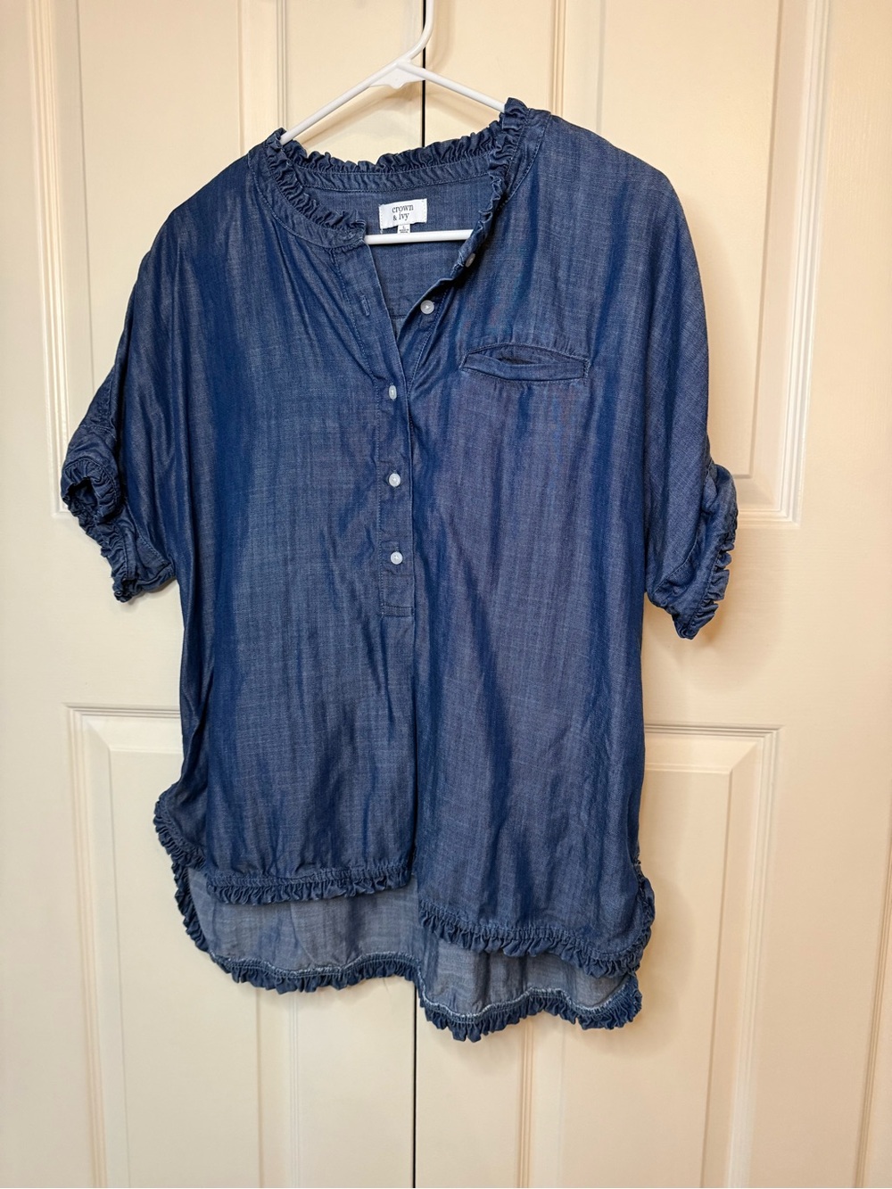 Crown & Ivy Chambray Ruffle Trim Short Sleeve Button Pullover - Blue